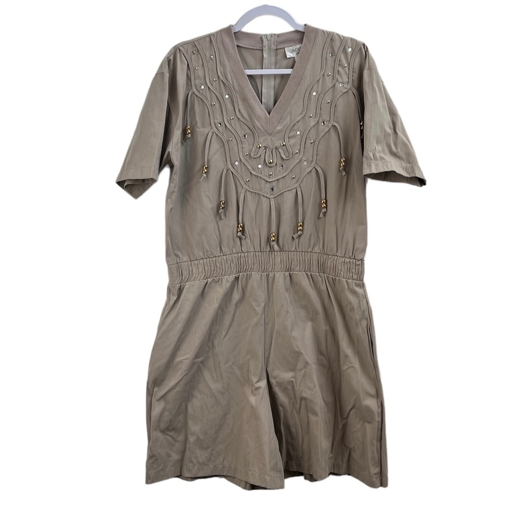Vintage 80's Adolfo Sport Khaki Romper Elastic Waist Beading Studs Rhinestones